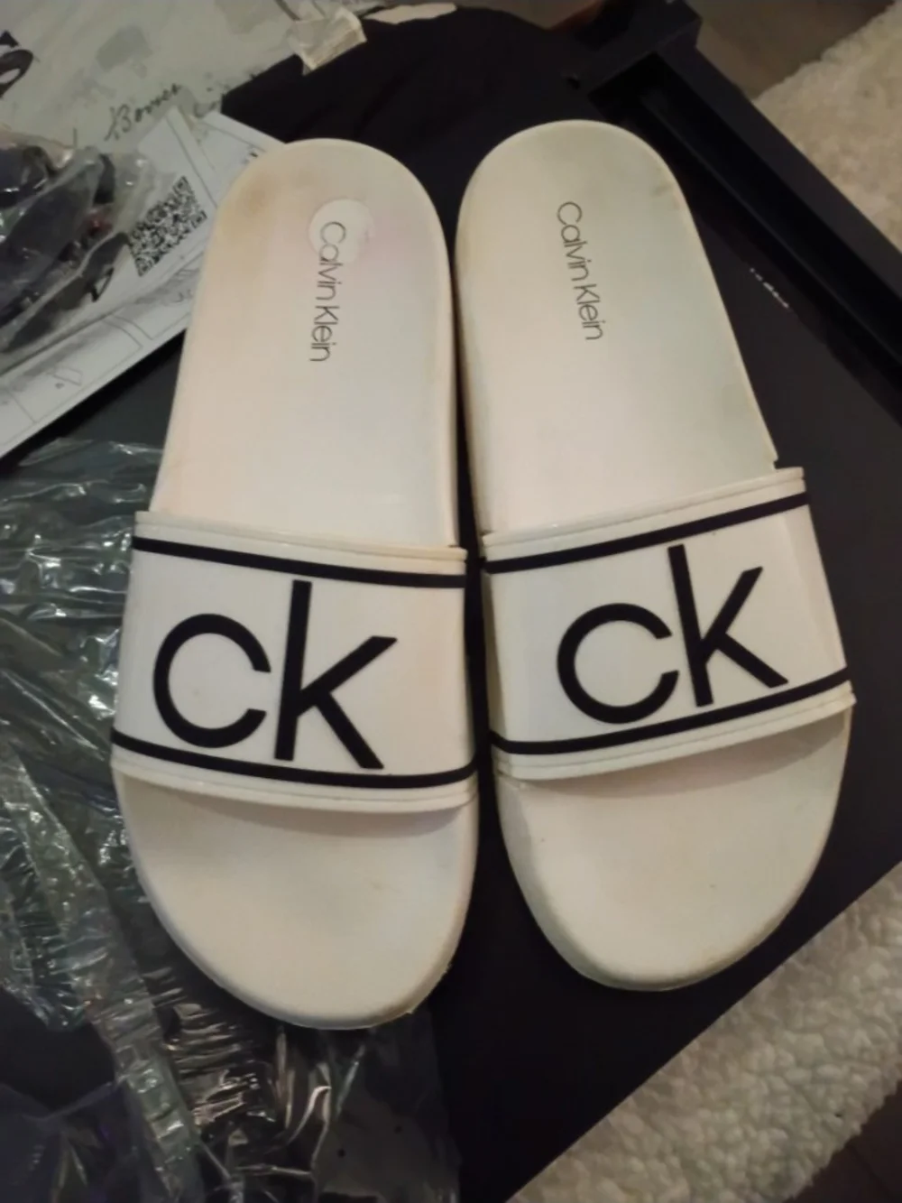 Calvin Klein White 'CK' Logo Slide Sandals